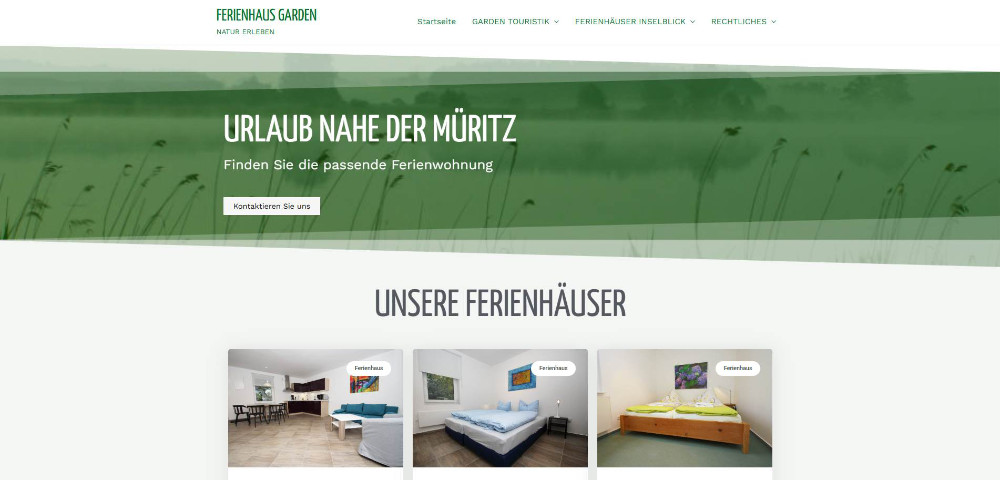 Website des Ferienhaus Garden mit Startseite und Landing Pages für Touristik und Ferienhäuser