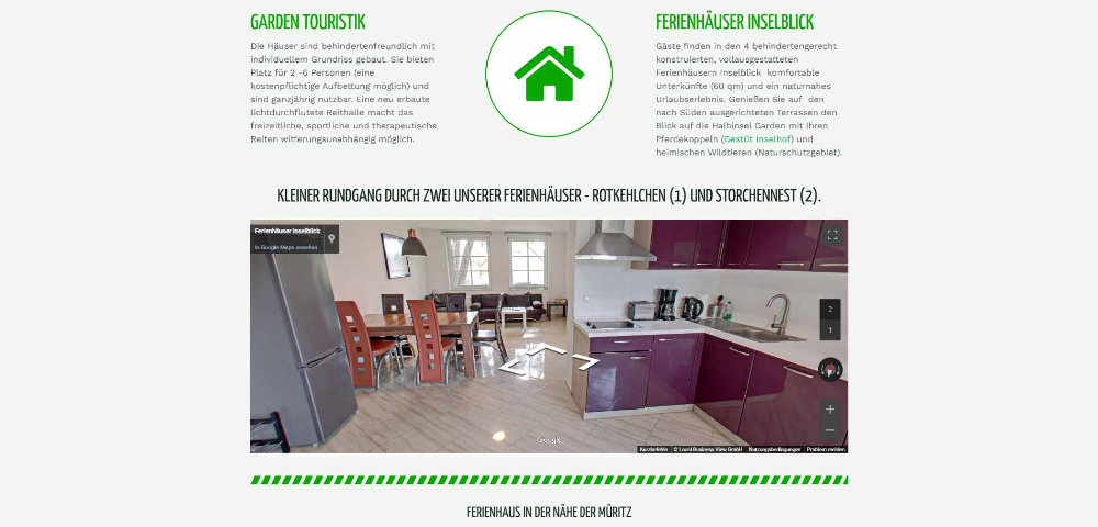 Website des Ferienhaus Garden mit Startseite und implementiertem Google View