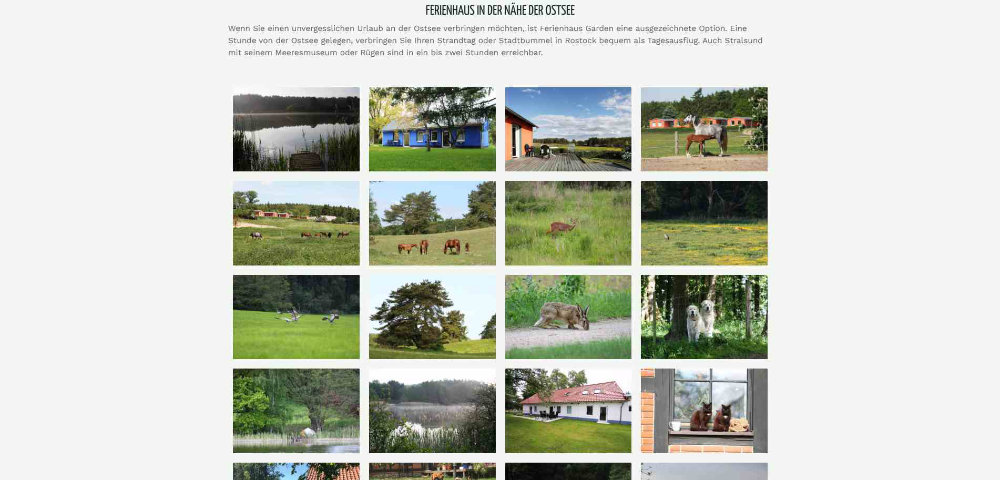 Website des Ferienhaus Garden mit Startseite und Bildergalerie für Ferienhäuser