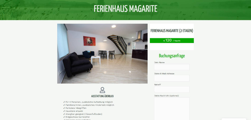 Website des Ferienhaus Garden mit Unterseite für Ferienhaus Magarite mit Überblick und Buchungsanfrage