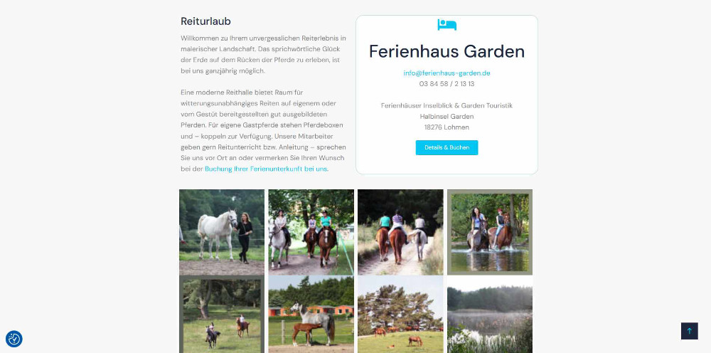 Website des Gestütes Inselhof mit Unterseite für Reiturlaub und Kontaktform für Ferienhaus Garden