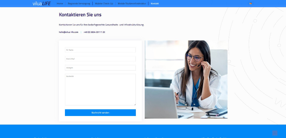 Website von ViluaLIFE mit Unterseite für das Kontaktform