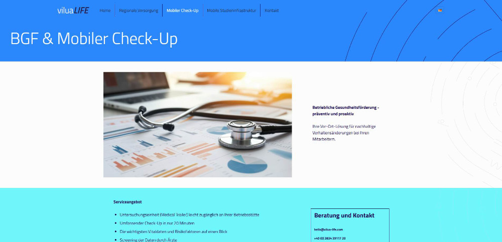 Website von ViluaLIFE mit Unterseite für Mobiler Check-up und Serviceangebot