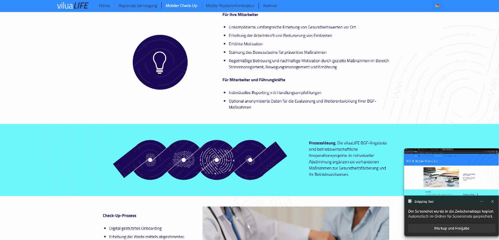 Website von ViluaLIFE mit Unterseite für Mobiler Check-up