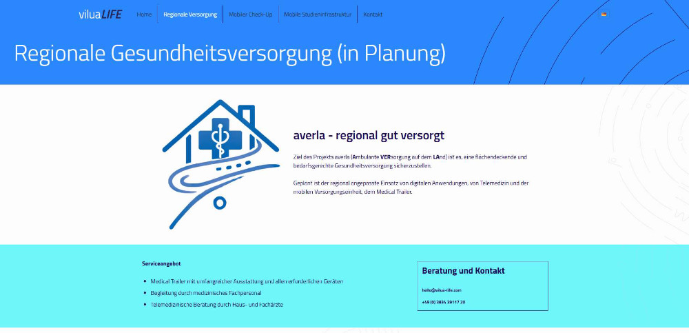 Website von ViluaLIFE mit Unterseite für Regionale Versorgung und Serviceangebot