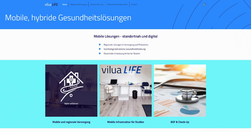 Website von ViluaLIFE mit Startseite und Landing Pages für Mobile & regionale Versorgung, Mobile Infrastruktur und BGF.